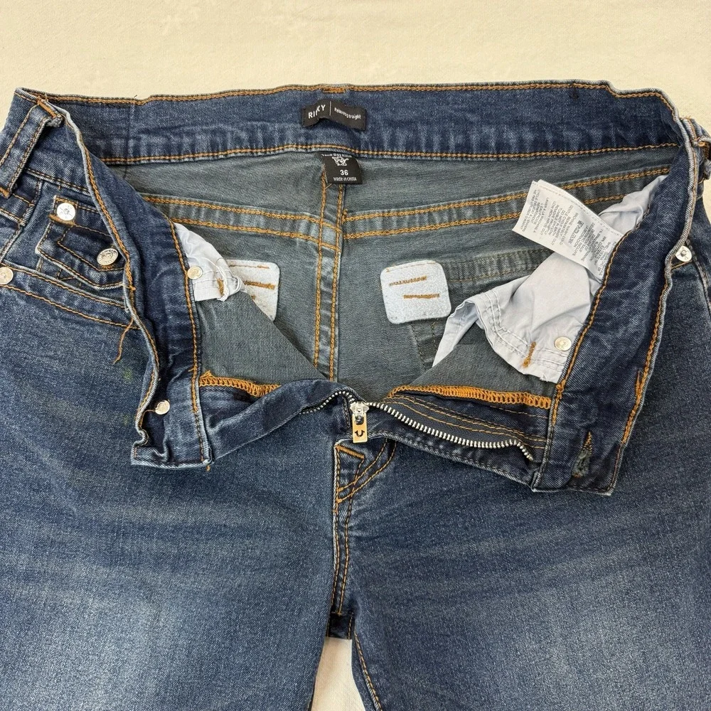 True Religion Ricky Relaxed Straight Jeans Mens 36x32 Blue Flap Stretch Denim